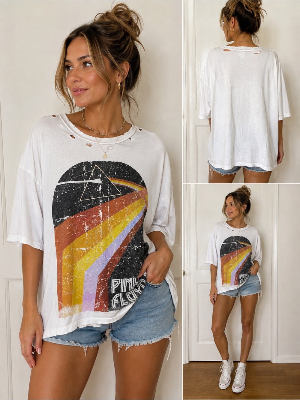 Vintage Canvas Pink Floyd Distressed Graphic Tee White XL Oversized Band T-Shirt